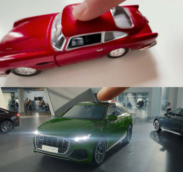Toy-car test vs commercial still: car in the showroom