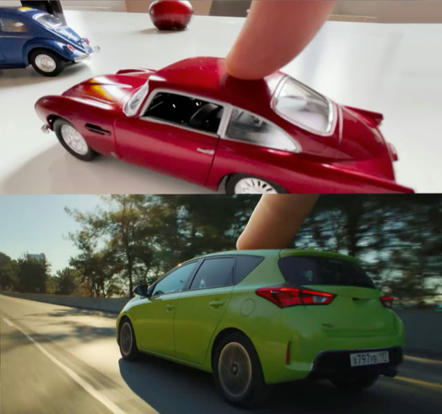 Toy-car test vs commercial still: car on the road