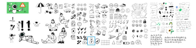 A collection of various cartoon-style illustrations, including characters, faces, and expressions, arranged in a grid format. Some elements are colored, while others are in black and white.