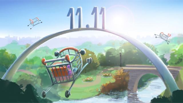 Concept art: the cart mascot flying under the 11.11 arch