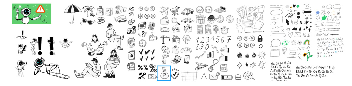 A collection of various cartoon-style illustrations, including characters, faces, and expressions, arranged in a grid format. Some elements are colored, while others are in black and white.