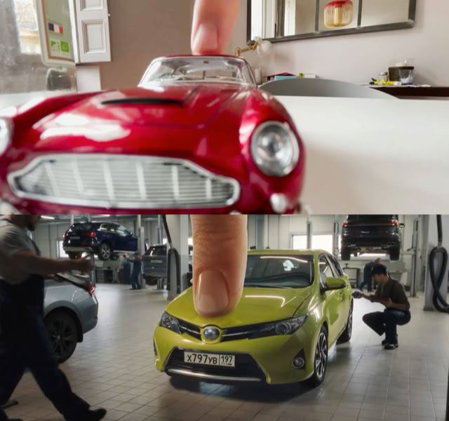 Toy-car test vs commercial still: car at the service centre
