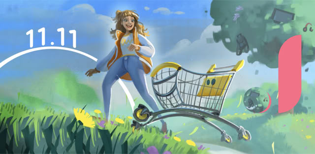 Joom 11.11 key visual: shopper and the cart mascot